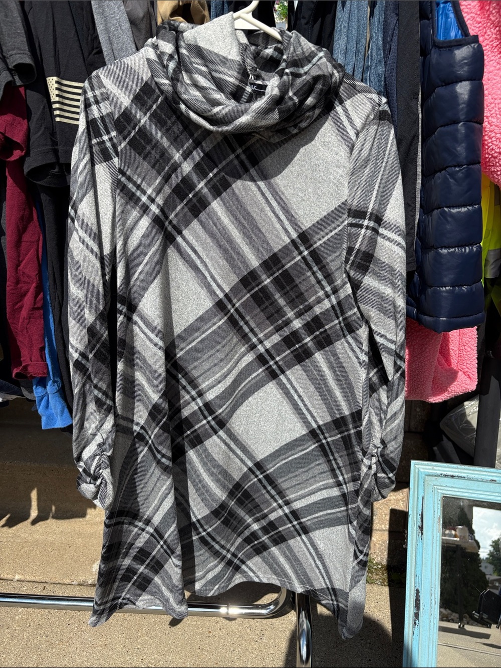 R&K Gray and Black Plaid Long Sleeve Cowl Neck Dress